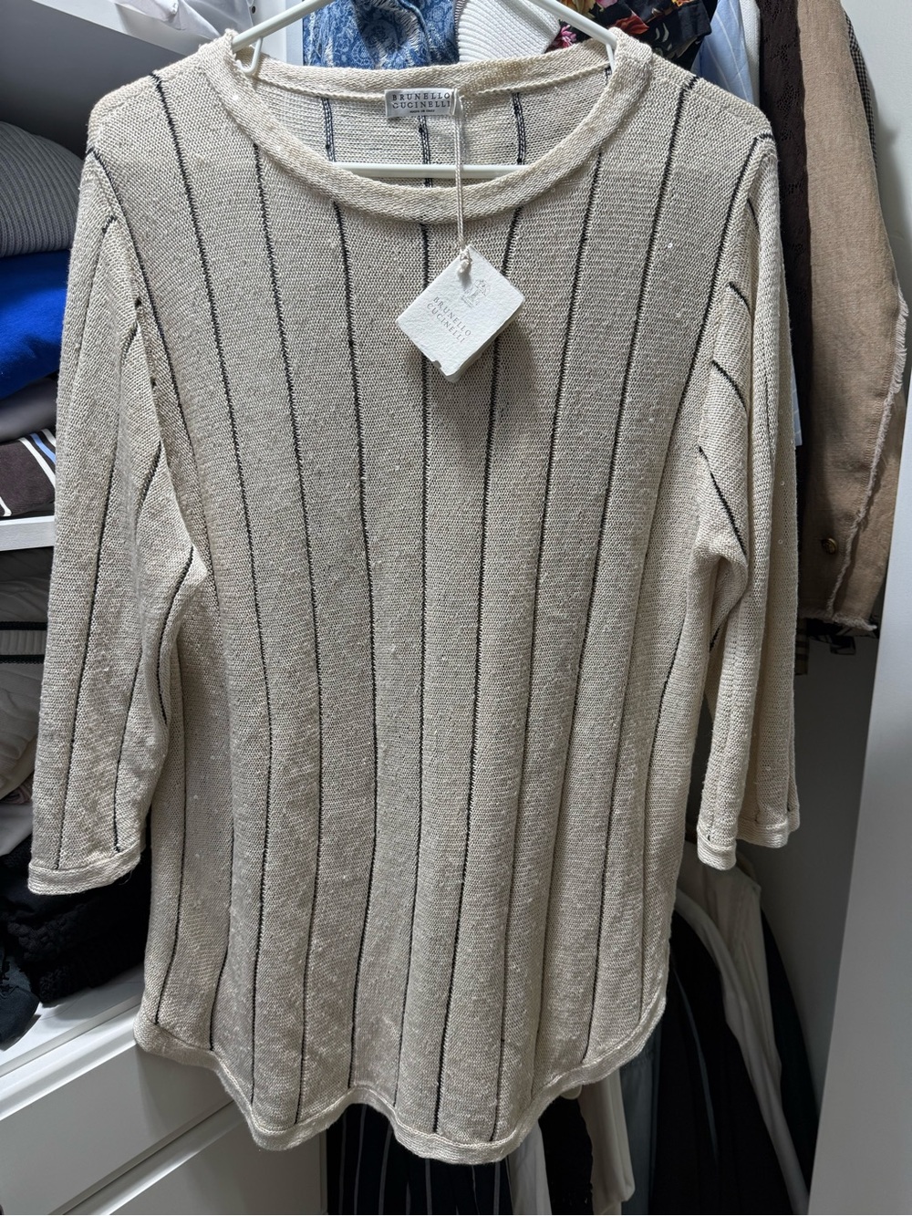 Brunello Cucinelli linen/ silk blend sequins embellishment Beige/Black striped L